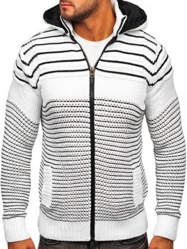 Білий чоловічий светр-куртка грубої в'язки з капюшоном Bolf 2031