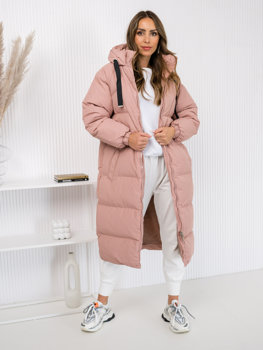 Рожева довга стьобана куртка пальто жіноче зимове з капюшоном Bolf 5M3163