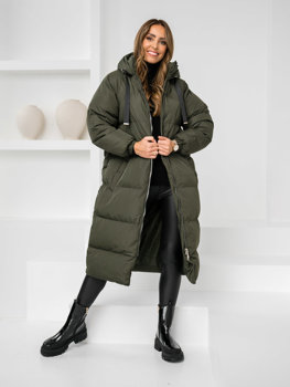 Хакі довга стьобана куртка пальто жіноча зимова з капюшоном Bolf 5M3163
