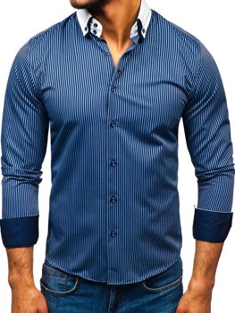 Чоловіча елегантна сорочка у смужку з довгим рукавом темно-синя Bolf 0909-A