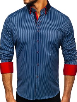 Чоловіча сорочка в смужку з довгим рукавом темно-синя Bolf 2751