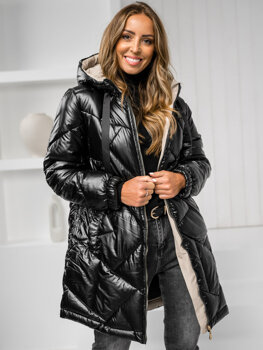 Чорна довга стьобана куртка, жіноче зимове пальто з капюшоном Bolf 5M3189