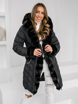 Чорна довга стьобана куртка пальто жіноче зимове з капюшоном Bolf 5M3156