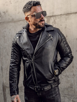 Чорна чоловіча шкіряна байкерська куртка косуха з капюшоном Bolf 11Z8005