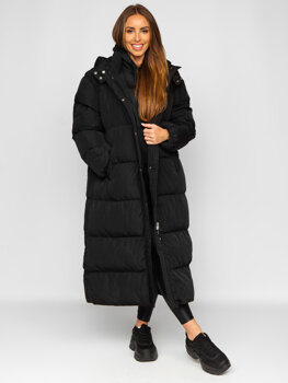 Чорне довге стьобане жіноче зимове пальто з капюшоном Bolf R6702