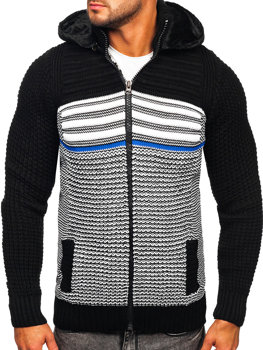 Чорний чоловічий светр-куртка грубої в'язки з капюшоном Bolf 2048