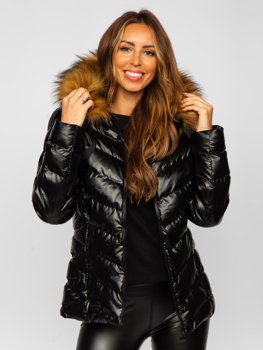 Чорно-коричнева жіноча стьобана зимова куртка з капюшоном Bolf 5M773