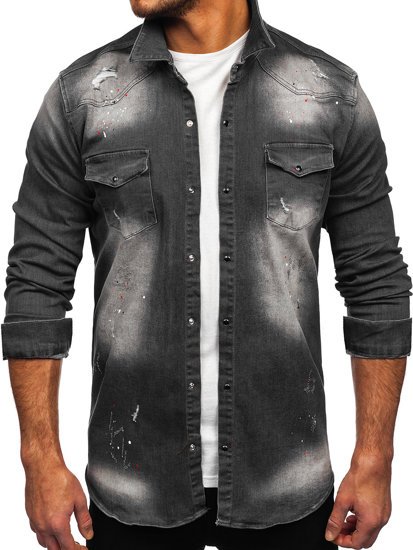 Графітова чоловіча джинсова сорочка з довгим рукавом Bolf R710