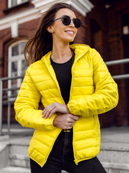 Жовта жіноча стьобана демісезонна куртка з капюшоном Bolf M23036
