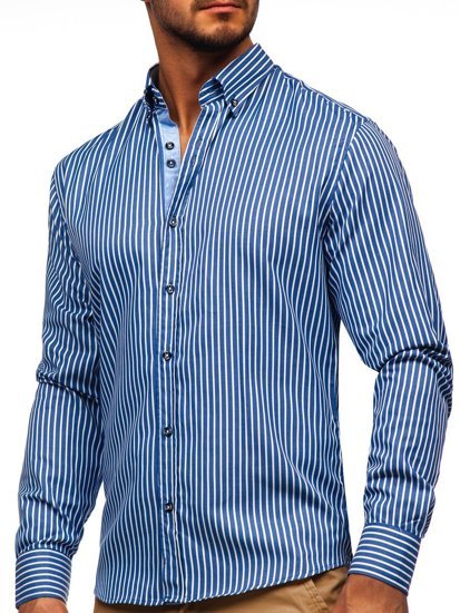Синя чоловіча смугаста сорочка з довгим рукавом Bolf 20722