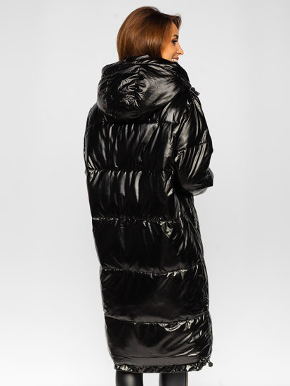 Чорна жіноча довга стьобана зимова куртка з капюшоном Bolf P6628