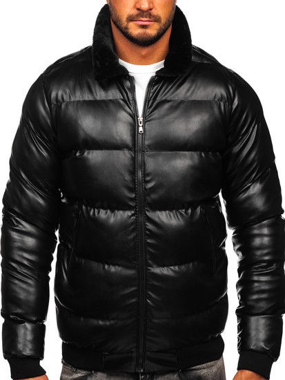 Чорна шкіряна чоловіча зимова стьобана куртка Bolf 0022