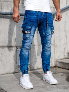 Темно-сині чоловічі джинсові джоггери-карго slim fit Bolf E9639
