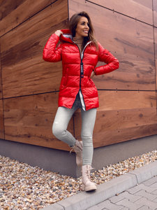 Червона стьобана жіноча зимова куртка з капюшоном Bolf B9545