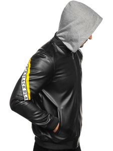 Чоловіча шкіряна куртка з капюшоном чорно-жовта Bolf HY614