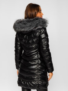 Чорна довга стьобана куртка жіноча зимова з капюшоном Bolf 7076