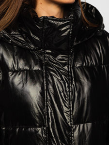 Чорна жіноча довга стьобана зимова куртка з капюшоном Bolf P6628