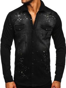 Чорна чоловіча джинсова сорочка з довгим рукавом Bolf R804
