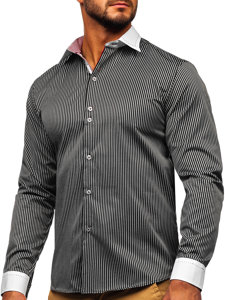 Чорна чоловіча елегантна смугаста сорочка з довгим рукавом Bolf 4785